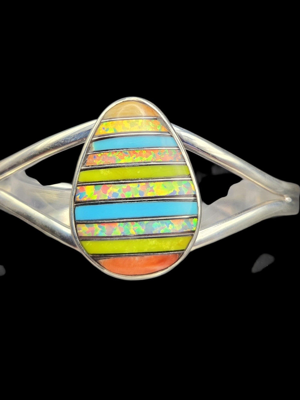 Sterling Silver Multi-Color Inlay Teardrop Cuff Bracelet JN